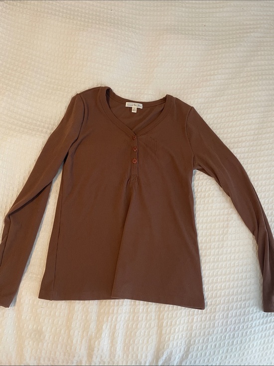 nine britton Tops - nine britton Brown Ribbed Henley Long Sleeve Top